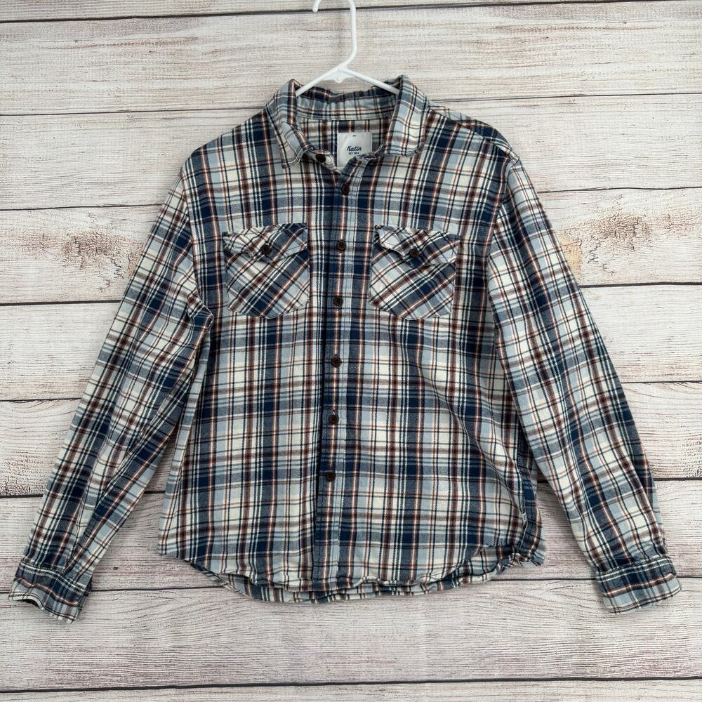 Katin Button Down Flannel Shirt Mens Small Blue‎ White Brown Plaid